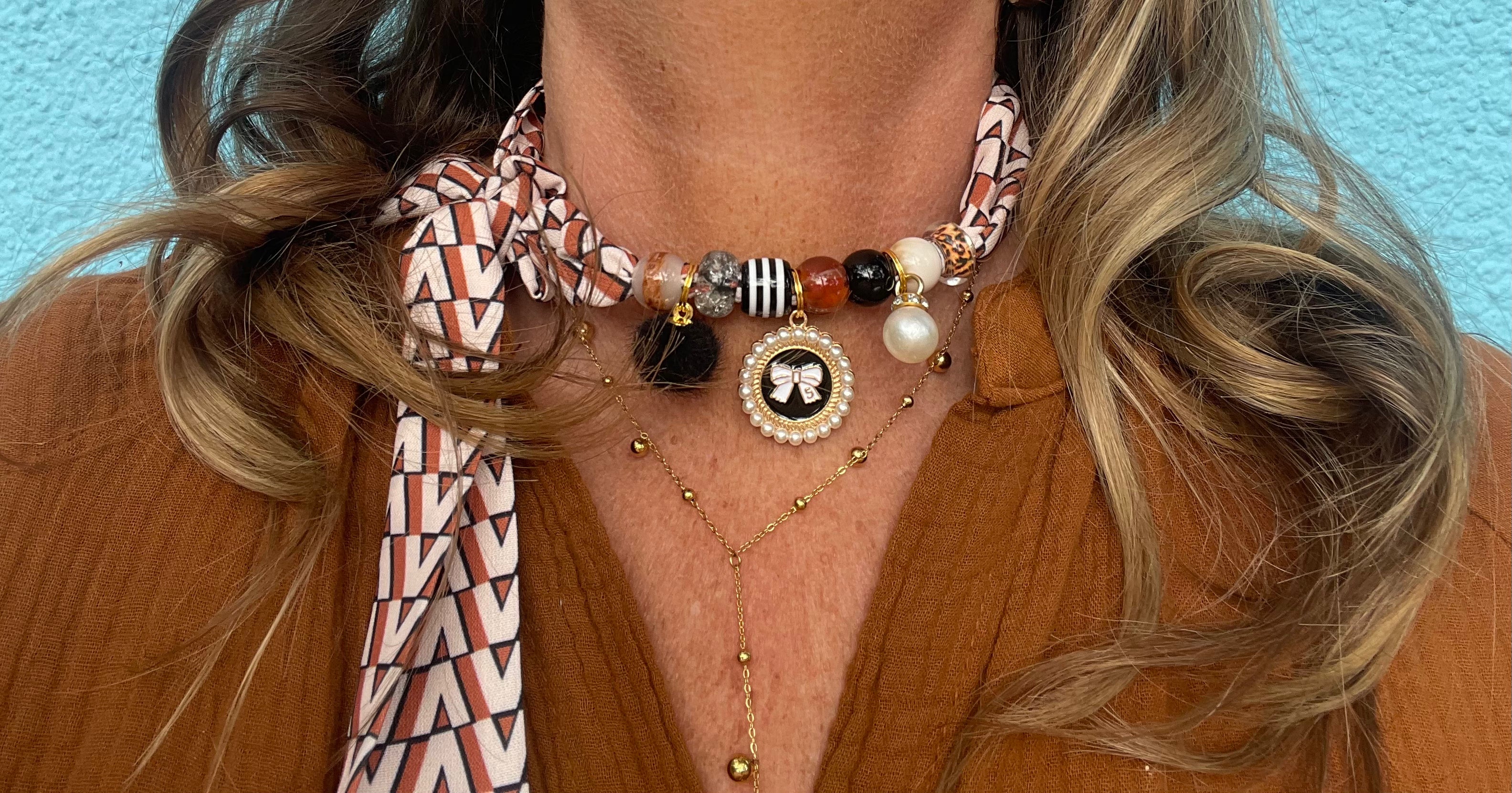 Sjaalketting -Zwart brique V parel