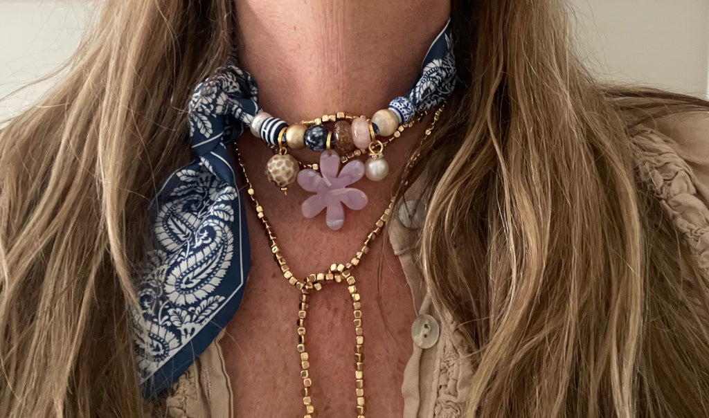 Sjaalenketting - Blauw Paisley Rose bloem