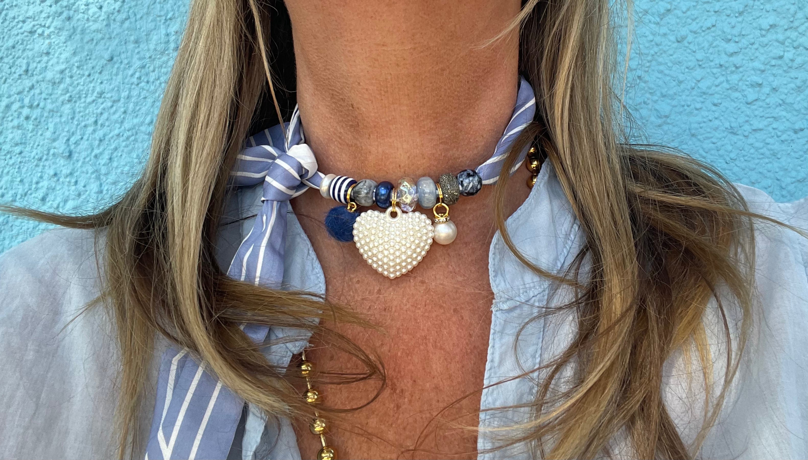 Sjaalketting - Streep blauw parel