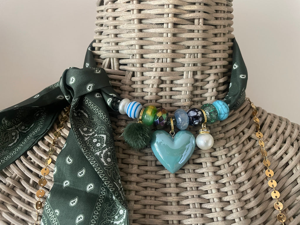Sjaalketting - Groen aqua hart