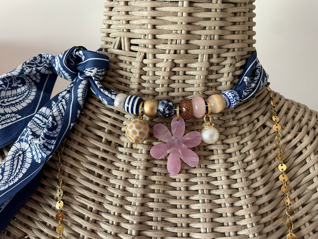 Sjaalenketting - Blauw Paisley Rose bloem