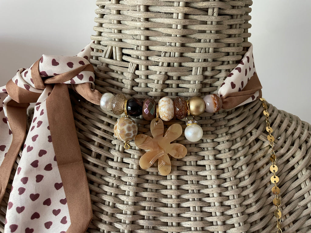 Sjaalenketting - Bruin cognac bloem